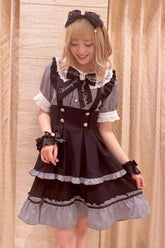 Black Short Puff Sleeves Print Ruffle Bowknot Sweet Jirai Kei Lolita Dress
